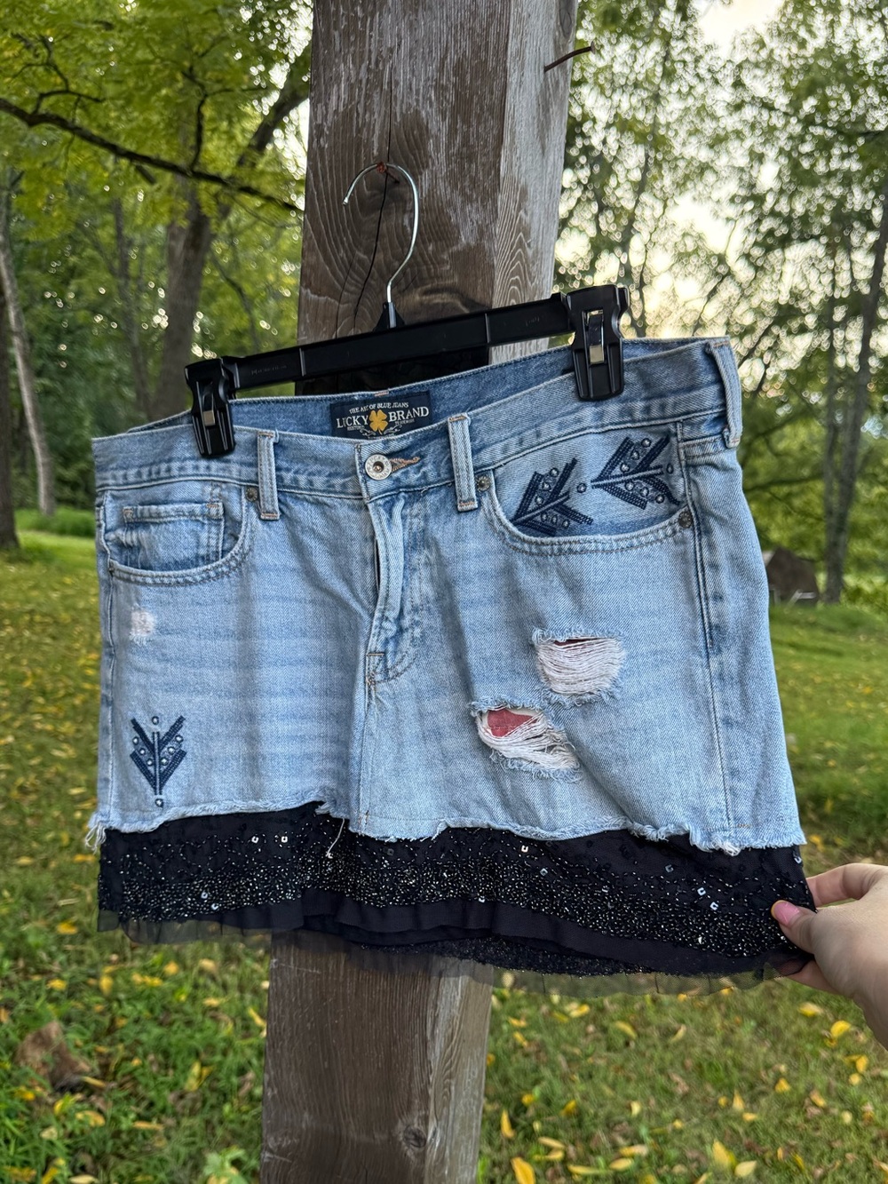Lucky Brand Light Blue Denim Short Skirt with Black Lace & Sequin Hem